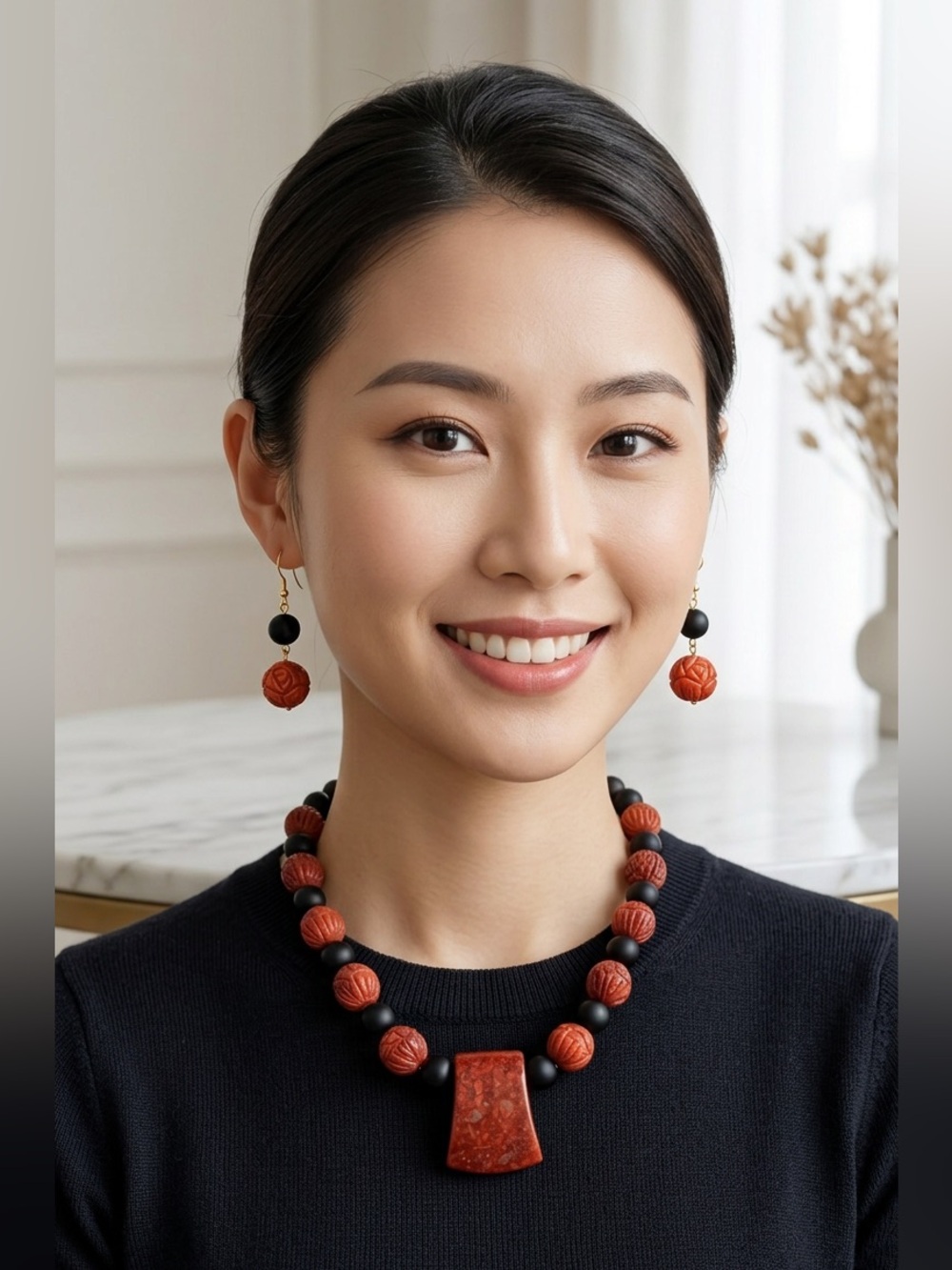 Handcrafted Carved Sponge Coral & Black Onyx Statement Necklace with Earrings